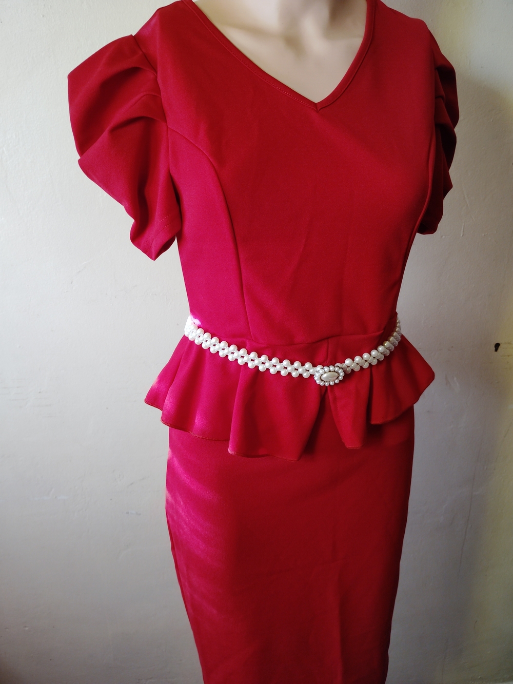 Bright Red Peplum Pencil Skirt - Women's Elegant Office Wear